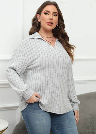 Plus Size Ribbed Collared Neck Long Sleeve Blouse - MimiStylez