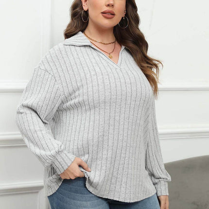 Plus Size Ribbed Collared Neck Long Sleeve Blouse - MimiStylez