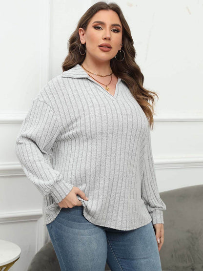 Plus Size Ribbed Collared Neck Long Sleeve Blouse - MimiStylez