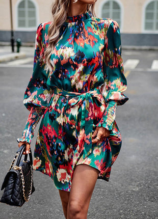 Printed Tie Waist Mock Neck Lantern Sleeve Dress - MimiStylez