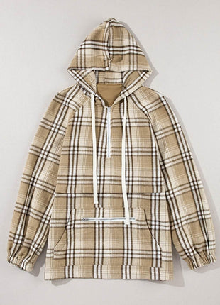 Drawstring Plaid Half Zip Raglan Sleeve Hoodie - MimiStylez
