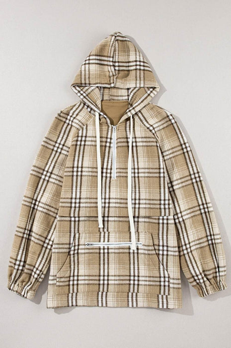 Drawstring Plaid Half Zip Raglan Sleeve Hoodie - MimiStylez