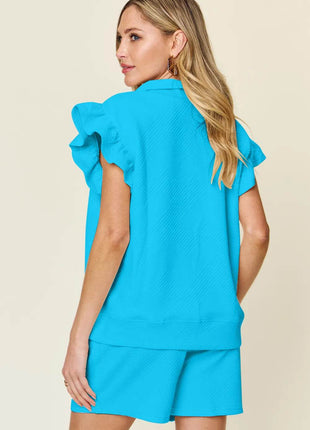 Double Take Full Size Texture Flounce Sleeve Top and Drawstring Shorts Set - MimiStylez
