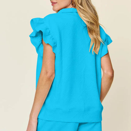 Double Take Full Size Texture Flounce Sleeve Top and Drawstring Shorts Set - MimiStylez