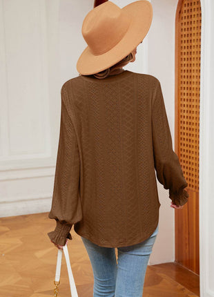 Notched Neck Flounce Sleeve Blouse - MimiStylez