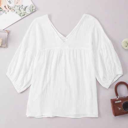 Dropped Shoulder V-Neck Blouse - MimiStylez
