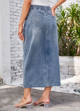 Slit Midi Denim Skirt with Pockets - MimiStylez