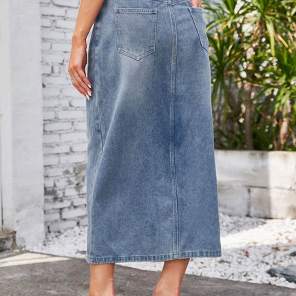 Slit Midi Denim Skirt with Pockets - MimiStylez
