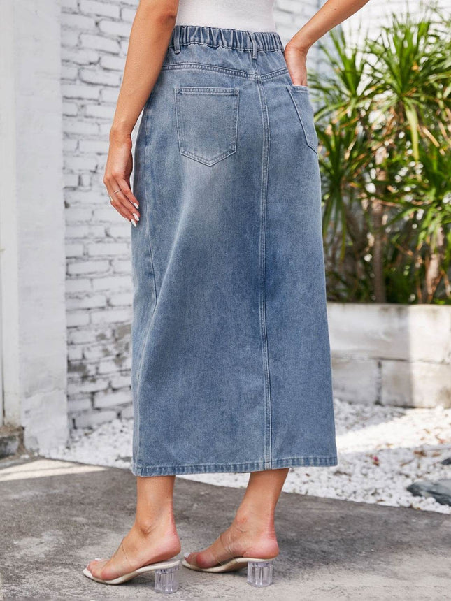 Slit Midi Denim Skirt with Pockets - MimiStylez