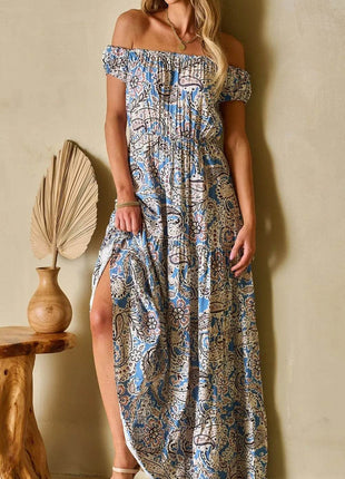 Boho Paisley Print Off Shoulder Maxi Dress - MimiStylez