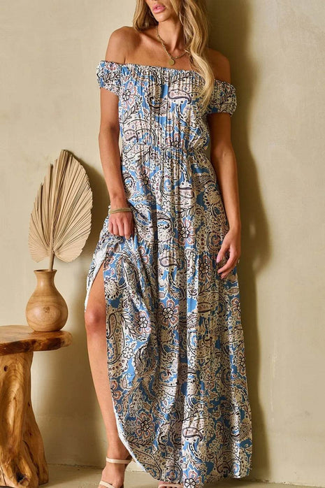 Boho Paisley Print Off Shoulder Maxi Dress - MimiStylez