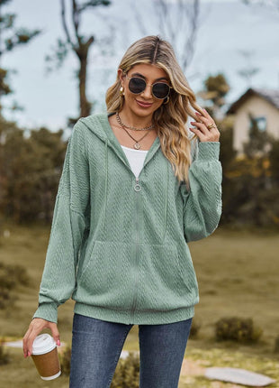 Zip Up Drawstring Long Sleeve Hooded Jacket - MimiStylez