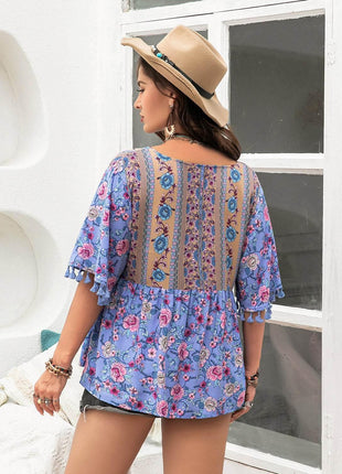 Plus Size Printed V-Neck Half Sleeve Blouse - MimiStylez