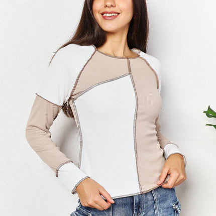 Double Take Color Block Exposed Seam Top - MimiStylez