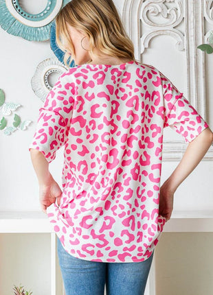 Heimish Full Size Leopard Exposed Seam Short Sleeve Top - MimiStylez