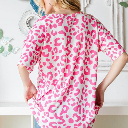 Heimish Full Size Leopard Exposed Seam Short Sleeve Top - MimiStylez