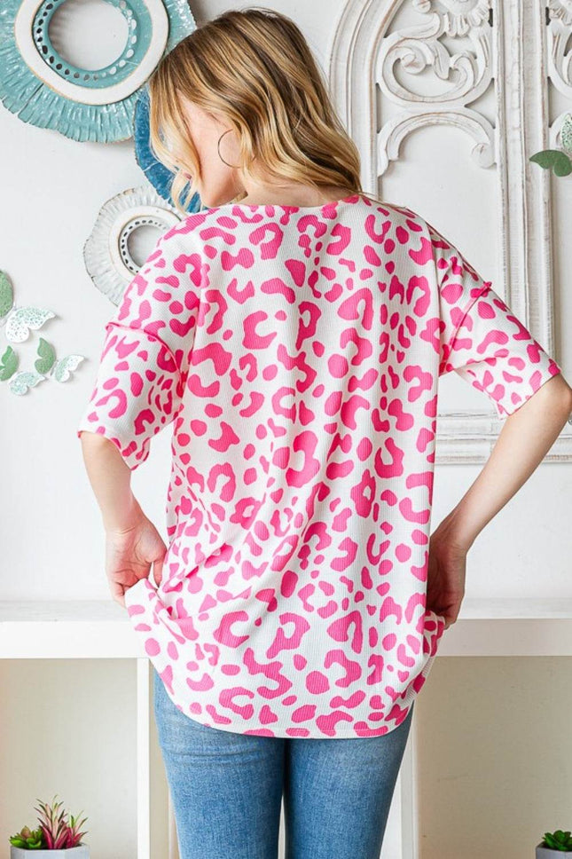 Heimish Full Size Leopard Exposed Seam Short Sleeve Top - MimiStylez