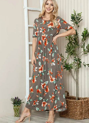 BOMBOM Floral Round Neck Short Sleeve Maxi Tee Dress - MimiStylez