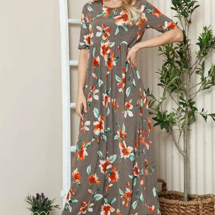 BOMBOM Floral Round Neck Short Sleeve Maxi Tee Dress - MimiStylez