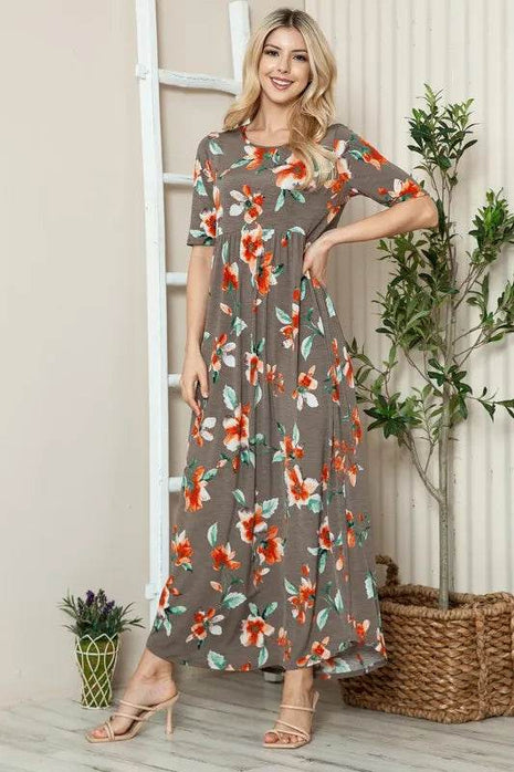 BOMBOM Floral Round Neck Short Sleeve Maxi Tee Dress - MimiStylez