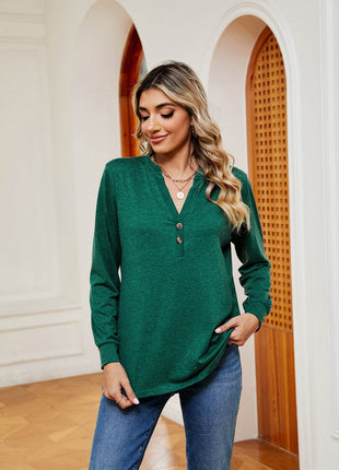 Buttoned Notched Neck Long Sleeve Top - MimiStylez