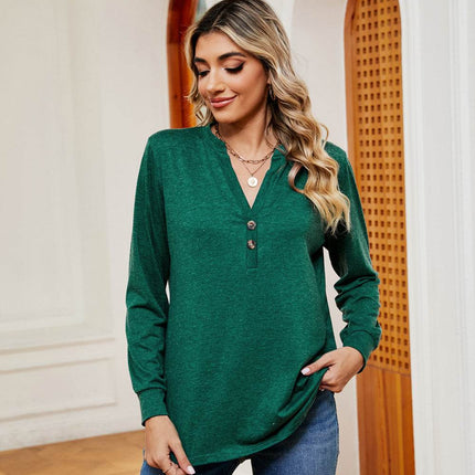 Buttoned Notched Neck Long Sleeve Top - MimiStylez