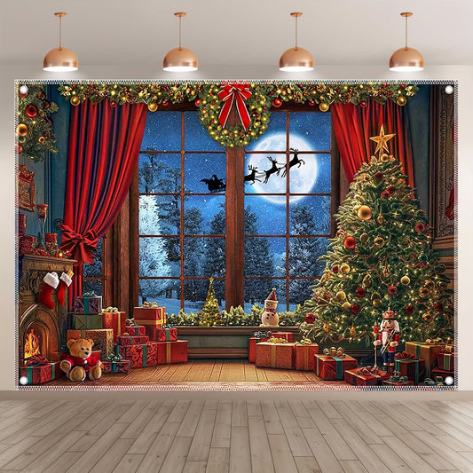 Festive Christmas Window Decoration: Premium Polyester, 7x5ft/8x6ft/10x8ft, Winter Wonderland Scene with Christmas Tree, Santa, Red Books, Bows, Fireplace, Starry Moon, Snowy Forest, Snowman, Gifts, and More - Perfect for Christmas,, Washable, Ironable