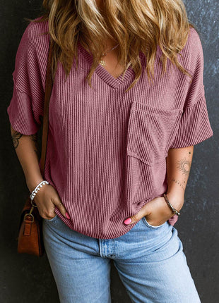 Textured V-Neck Dropped Shoulder T-Shirt - MimiStylez