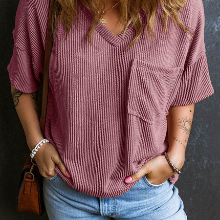 Textured V-Neck Dropped Shoulder T-Shirt - MimiStylez