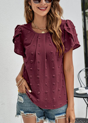 Swiss Dot Round Neck Petal Sleeve Top - MimiStylez