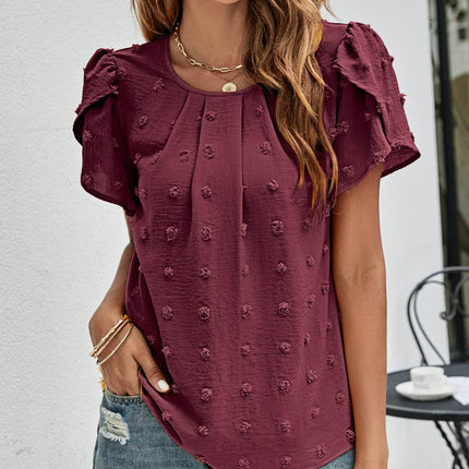 Swiss Dot Round Neck Petal Sleeve Top - MimiStylez
