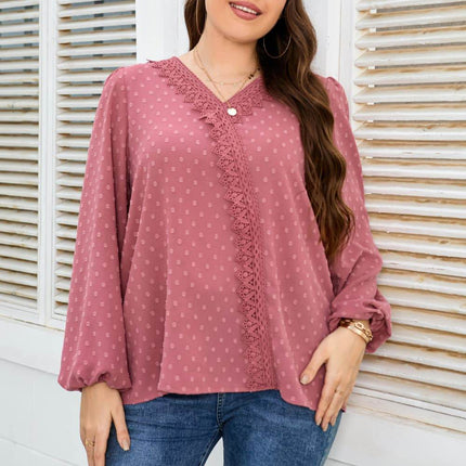 Melo Apparel Plus Size Lace Trim V-Neck Balloon Sleeve Blouse - MimiStylez