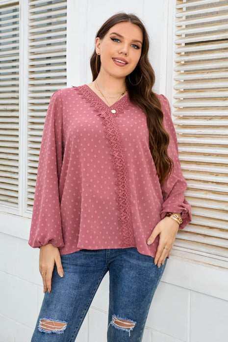 Melo Apparel Plus Size Lace Trim V-Neck Balloon Sleeve Blouse - MimiStylez