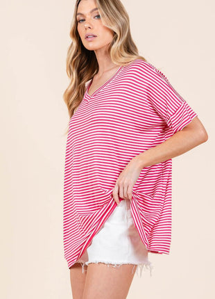 BOMBOM Striped V-Neck T-Shirt - MimiStylez