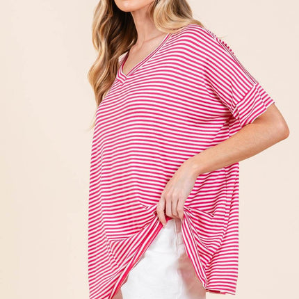 BOMBOM Striped V-Neck T-Shirt - MimiStylez