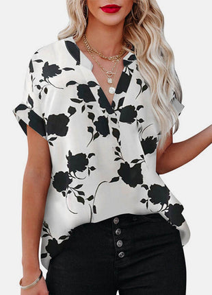 Full Size Printed Notched Short Sleeve Blouse - MimiStylez