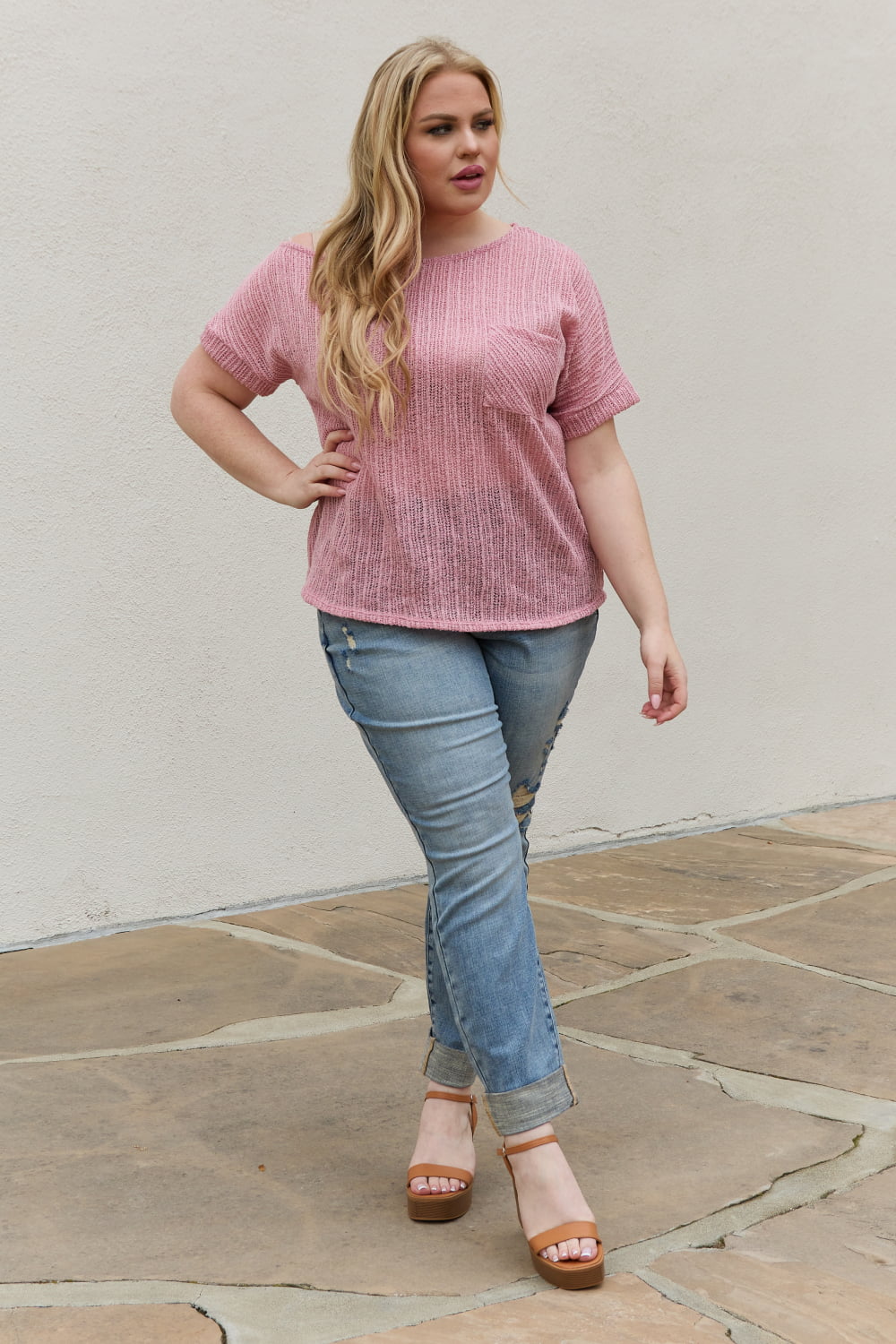 Full Size Chunky Knit Short Sleeve Top in Mauve