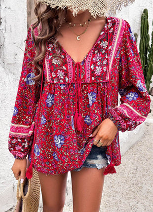 Printed Tie Neck Long Sleeve Blouse - MimiStylez
