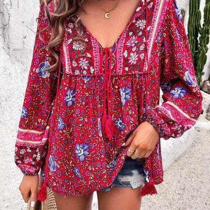 Printed Tie Neck Long Sleeve Blouse - MimiStylez