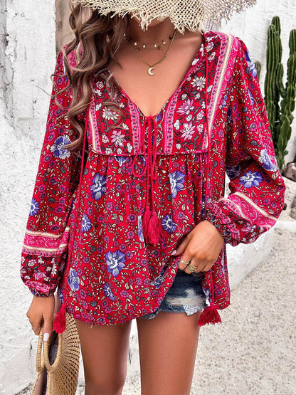 Printed Tie Neck Long Sleeve Blouse - MimiStylez