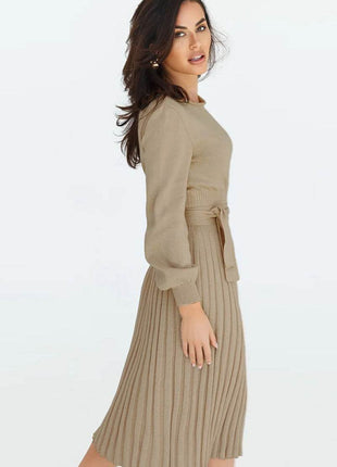Round Neck Long Sleeve Pleated Sweater Dress - MimiStylez
