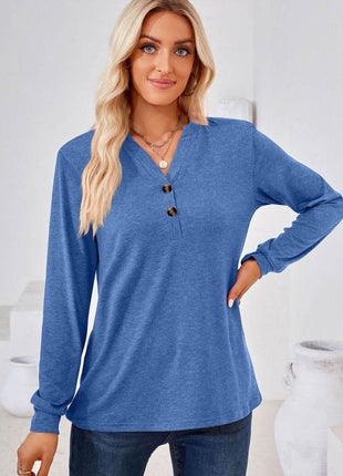 V-Neck Buttoned Long Sleeve Blouse - MimiStylez