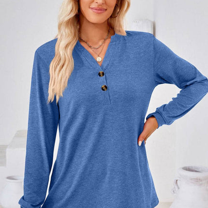 V-Neck Buttoned Long Sleeve Blouse - MimiStylez
