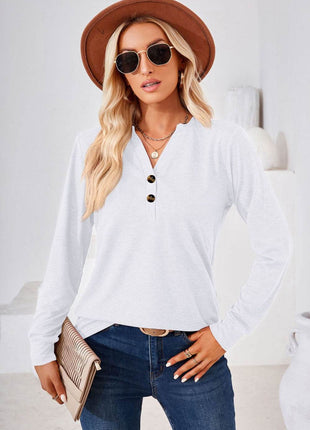 V-Neck Buttoned Long Sleeve Blouse - MimiStylez