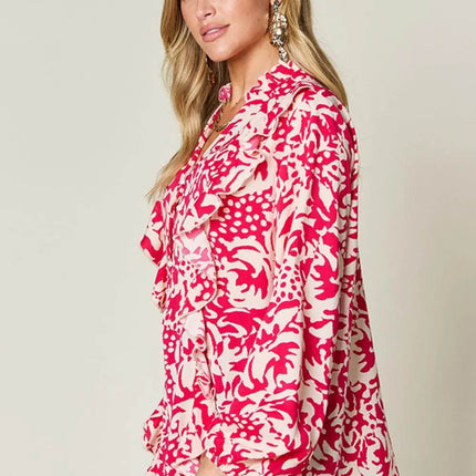 Double Take Full Size Printed Ruffle Trim Balloon Sleeve Shirt - MimiStylez