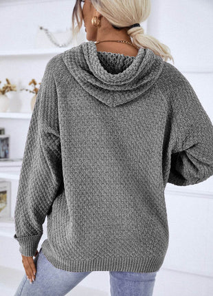 Texture Drawstring Long Sleeve Hooded Sweater - MimiStylez