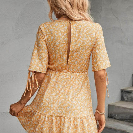 Ditsy Floral V-Neck Half Sleeve Mini Dress - MimiStylez