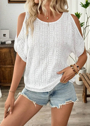 Eyelet Cold Shoulder Round Neck Blouse - MimiStylez