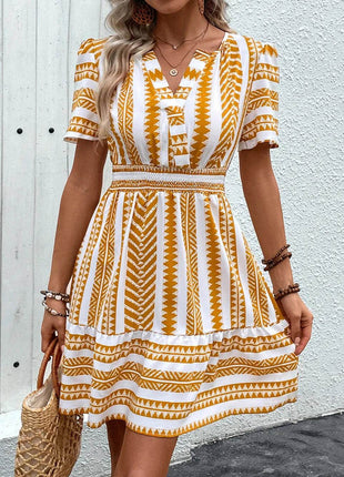 Perfee Geometric Notched Short Sleeve Mini Dress - MimiStylez