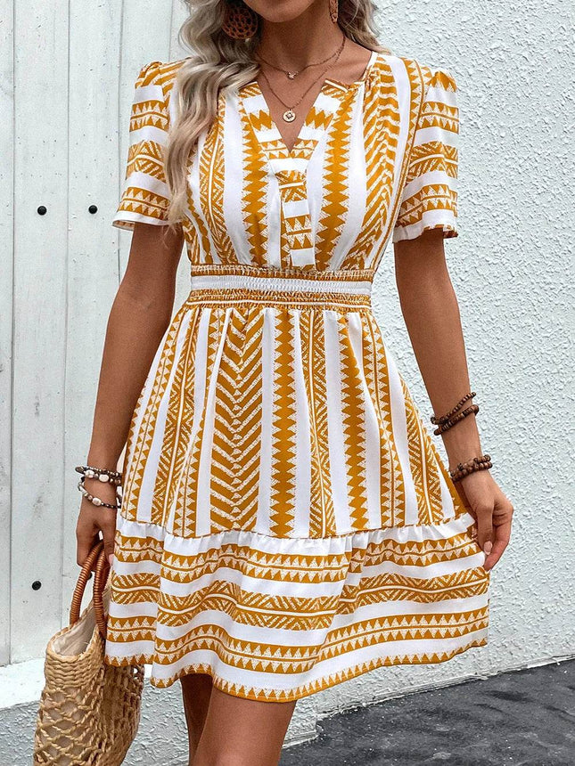 Perfee Geometric Notched Short Sleeve Mini Dress - MimiStylez